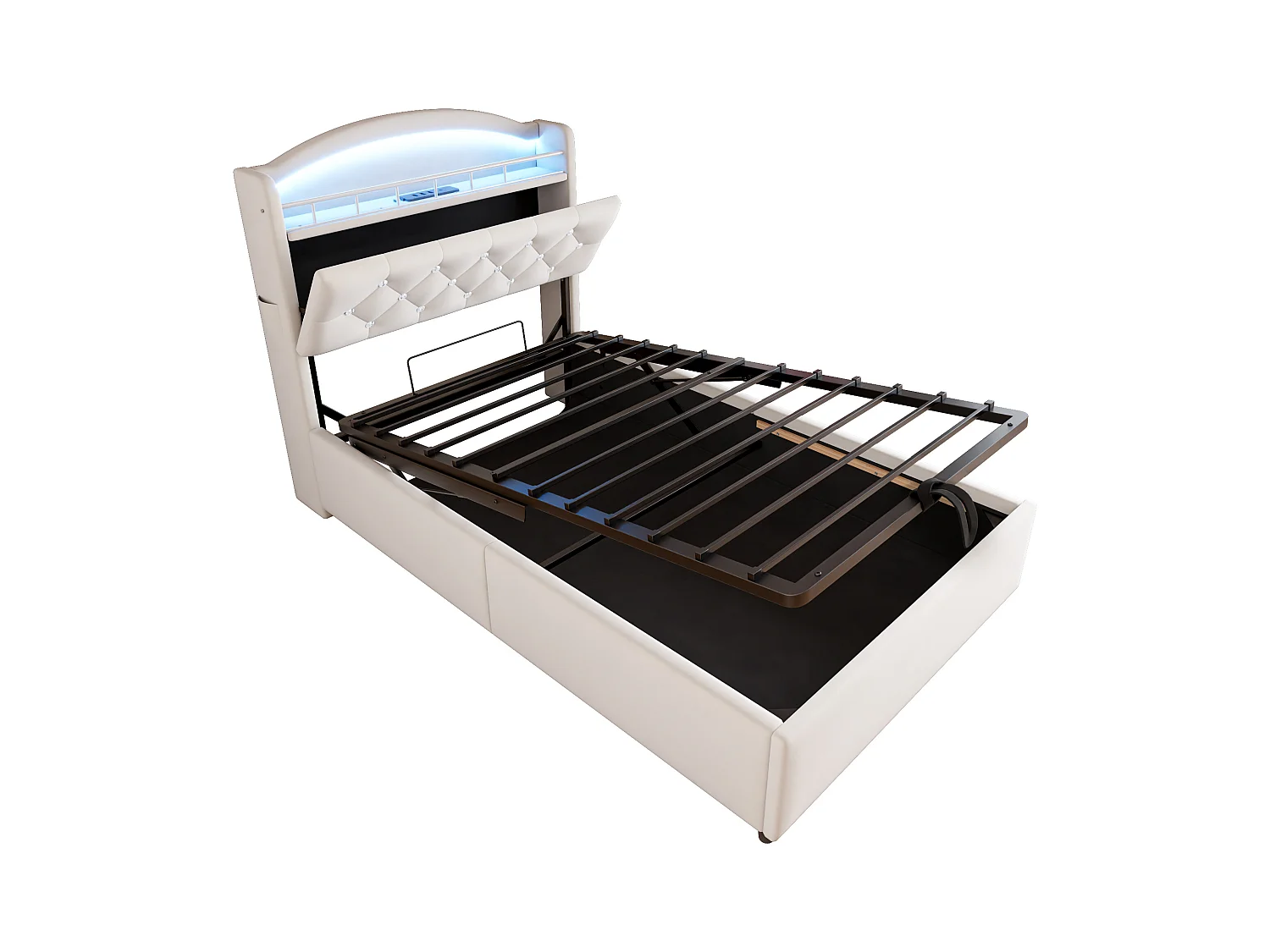 Lit coffre enfant 90x200cm beige en flanelle, tête de lit de rangement effet crystal, LED et USB, sans matelas