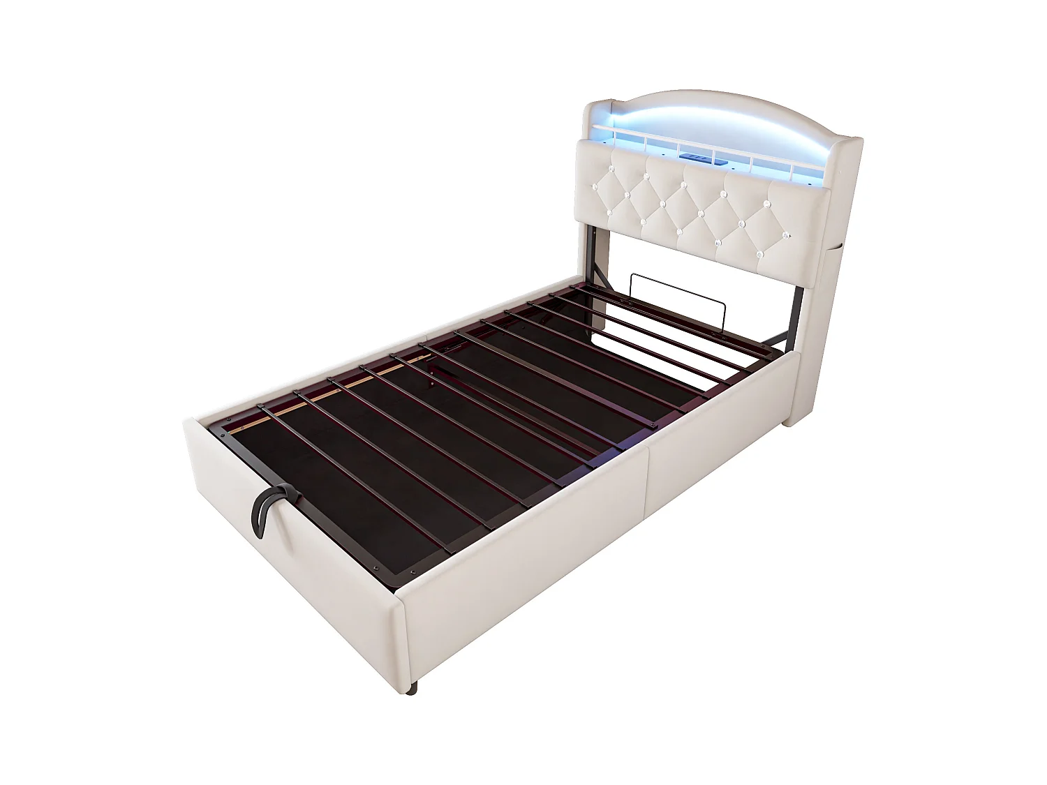 Lit coffre enfant 90x200cm beige en flanelle, tête de lit de rangement effet crystal, LED et USB, sans matelas