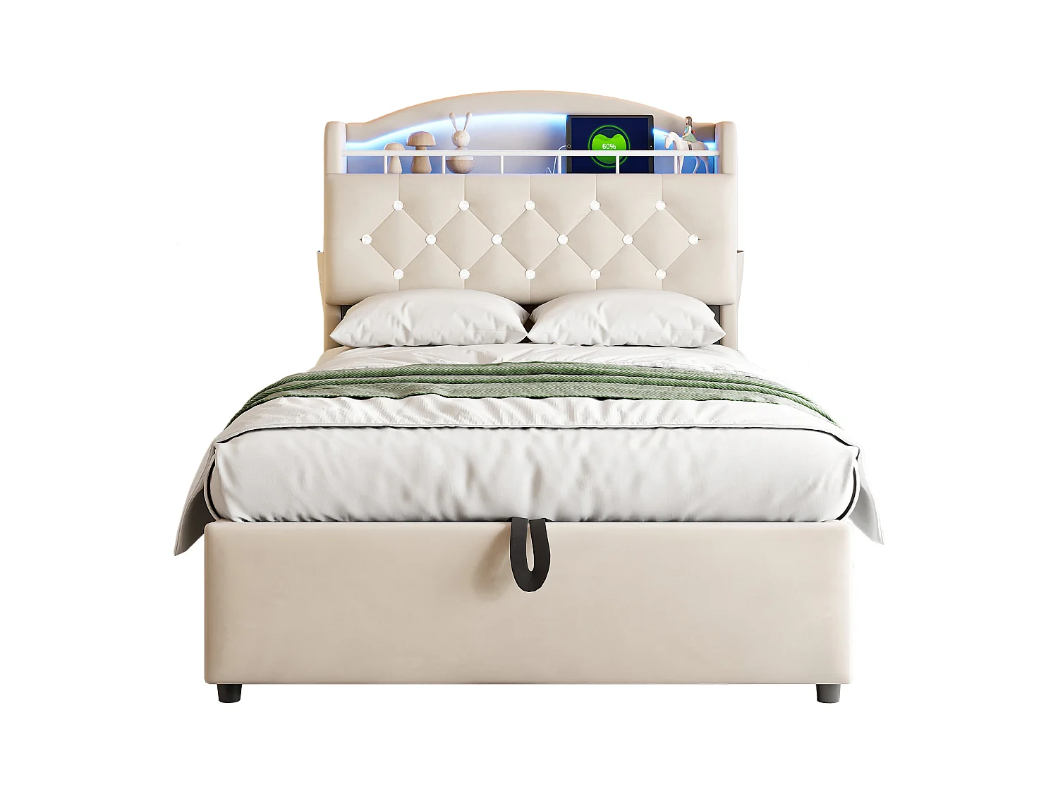 Lit coffre enfant 90x200cm beige en flanelle, tête de lit de rangement effet crystal, LED et USB, sans matelas