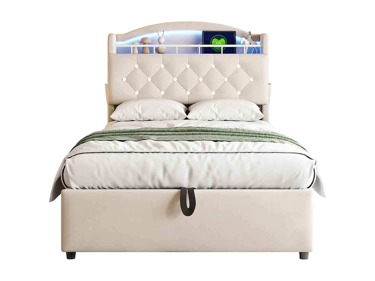 Kinderboxbed 90x200 cm beige van flanel, hoofdeinde met opbergruimte in kristaleffect, met LED en USB, zonder matras