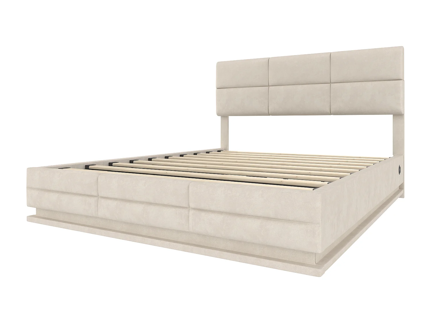 Lit coffre adulte 180x200cm beige en velours, tête de lit réglable en hauteur, avec LED et USB, sans matelas
