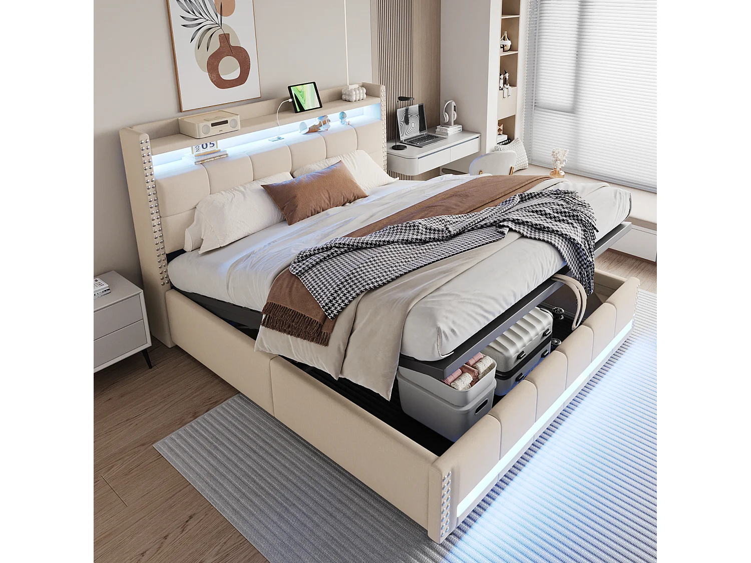 Lit coffre adulte 180x200cm beige en lin avec LED et USB, décoration de rivets, sans matelas