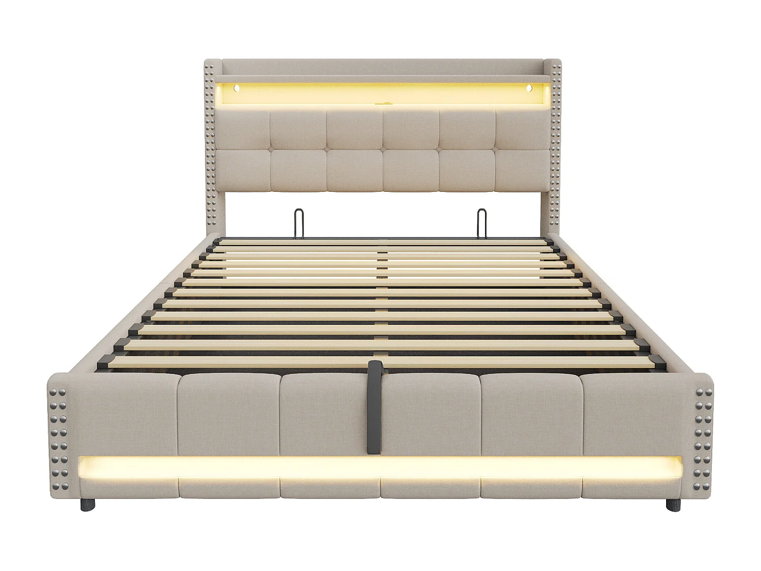 Lit coffre adulte 180x200cm beige en lin avec LED et USB, décoration de rivets, sans matelas