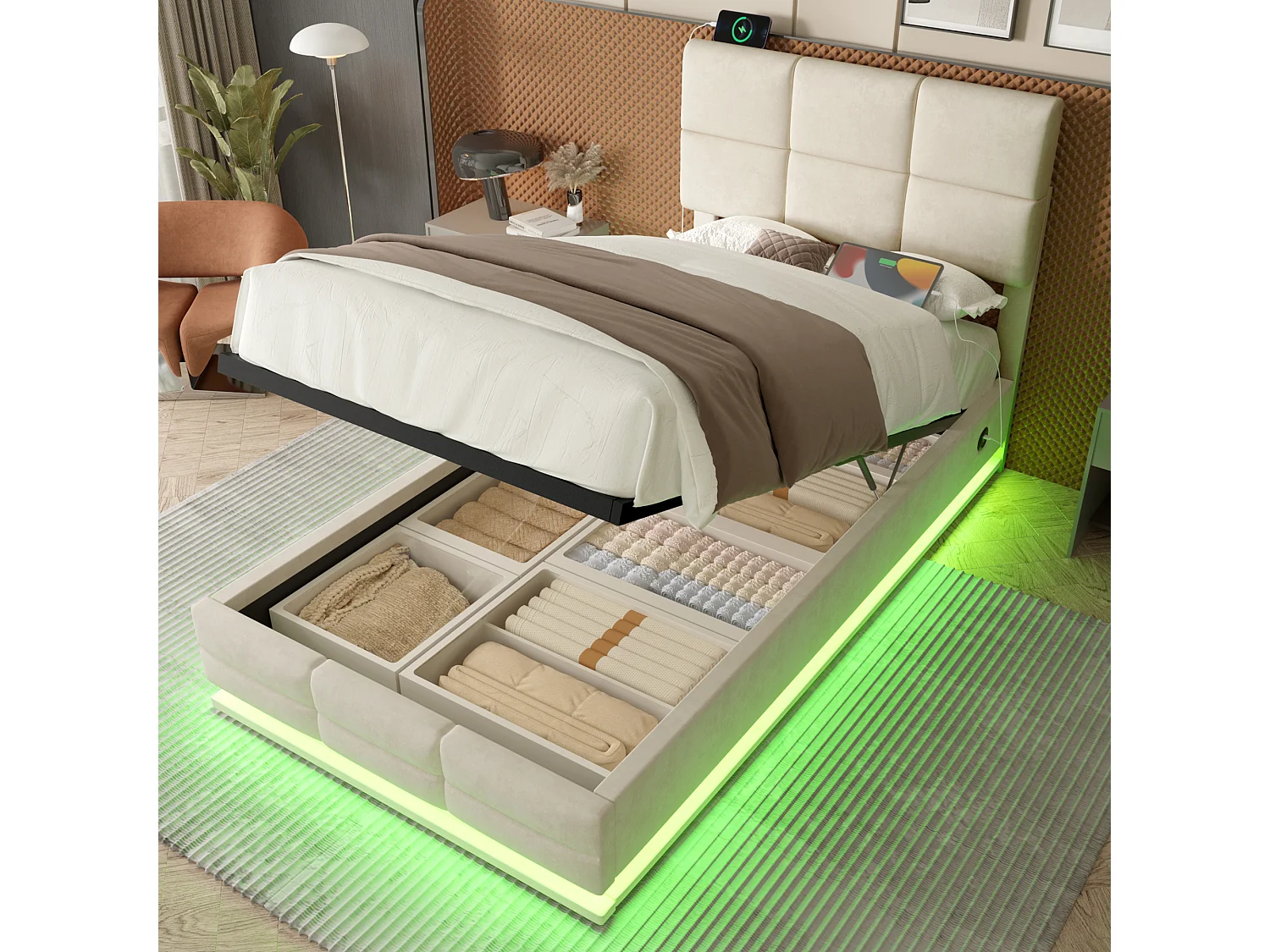 Lit coffre enfant 90x200cm beige en velours, tête de lit réglable en hauteur, avec LED et USB, sans matelas