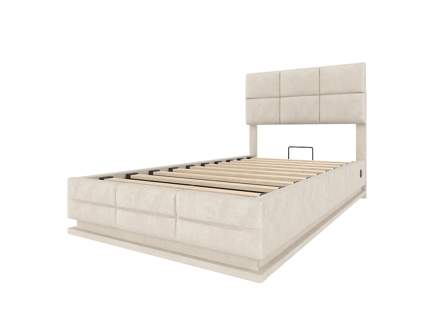 Lit coffre enfant 90x200cm beige en velours, tête de lit réglable en hauteur, avec LED et USB, sans matelas