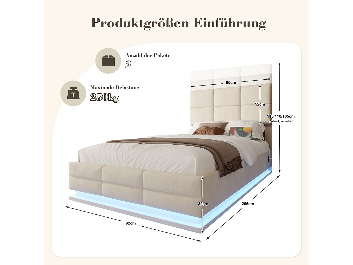 Lit coffre enfant 90x200cm beige en velours, tête de lit réglable en hauteur, avec LED et USB, sans matelas