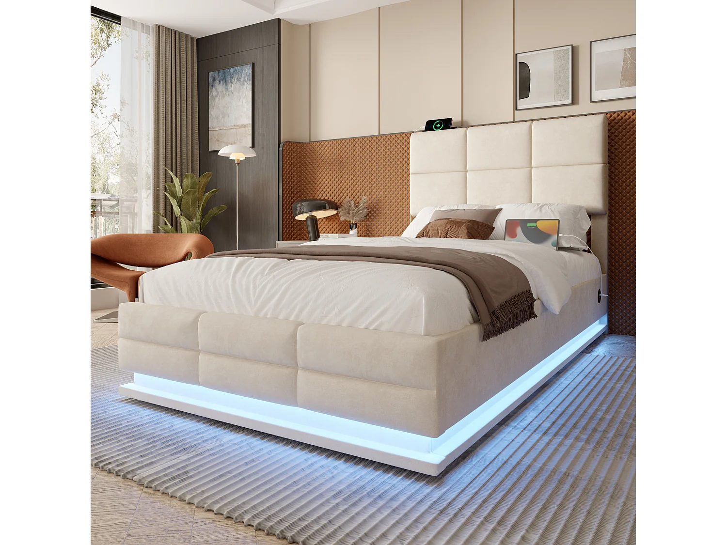 Lit coffre enfant 90x200cm beige en velours, tête de lit réglable en hauteur, avec LED et USB, sans matelas