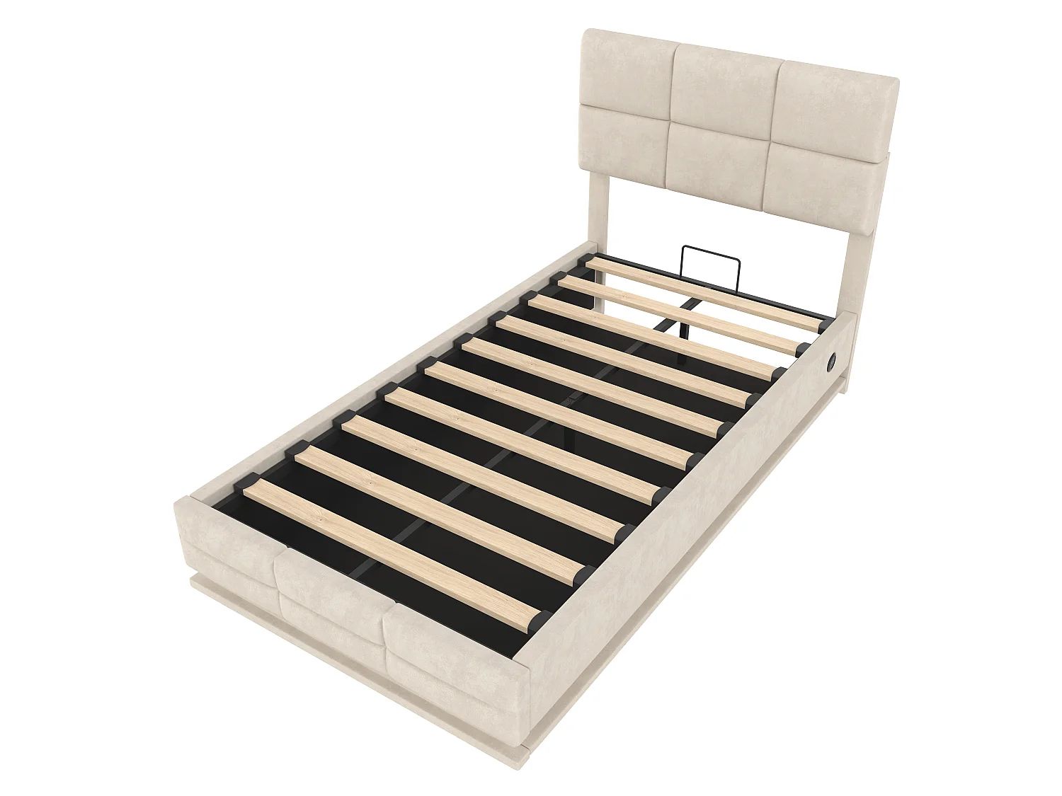 Lit coffre enfant 90x200cm beige en velours, tête de lit réglable en hauteur, avec LED et USB, sans matelas