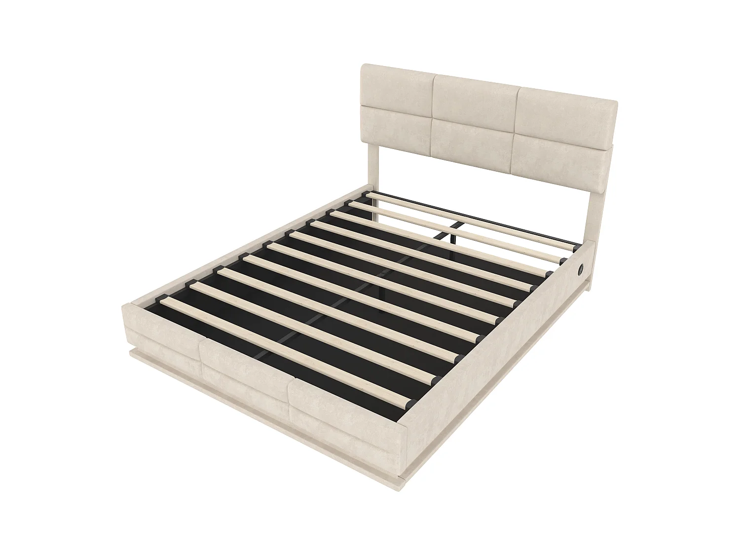 Lit coffre adulte 140x200cm beige en velours, tête de lit réglable en hauteur, avec LED et USB, sans matelas