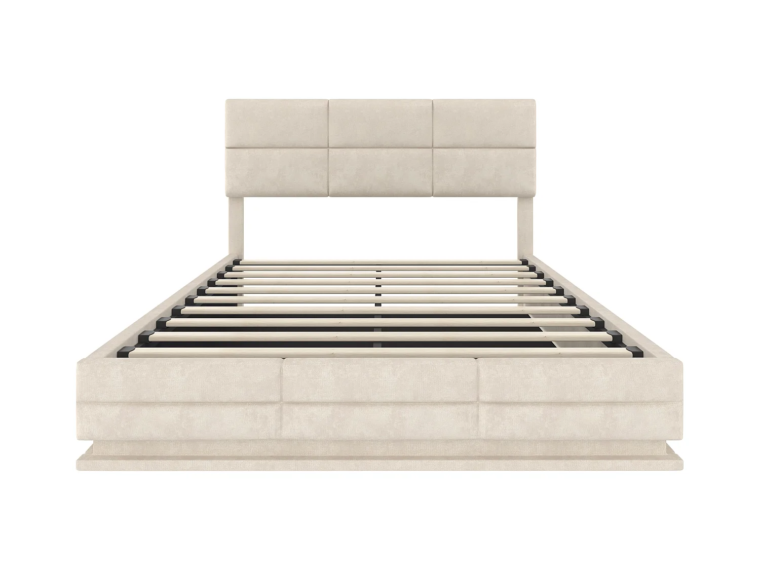 Lit coffre adulte 140x200cm beige en velours, tête de lit réglable en hauteur, avec LED et USB, sans matelas