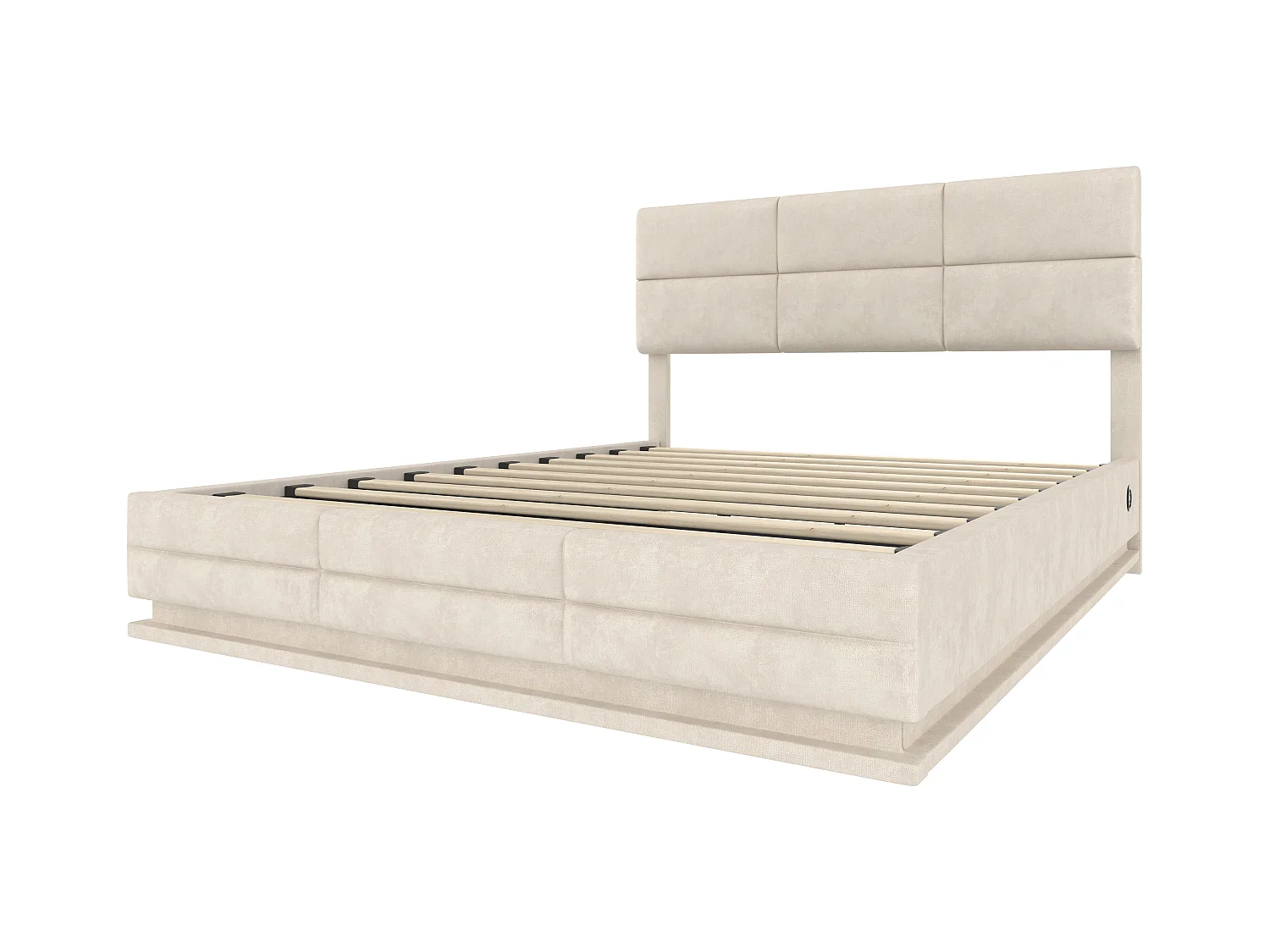 Lit coffre adulte 140x200cm beige en velours, tête de lit réglable en hauteur, avec LED et USB, sans matelas
