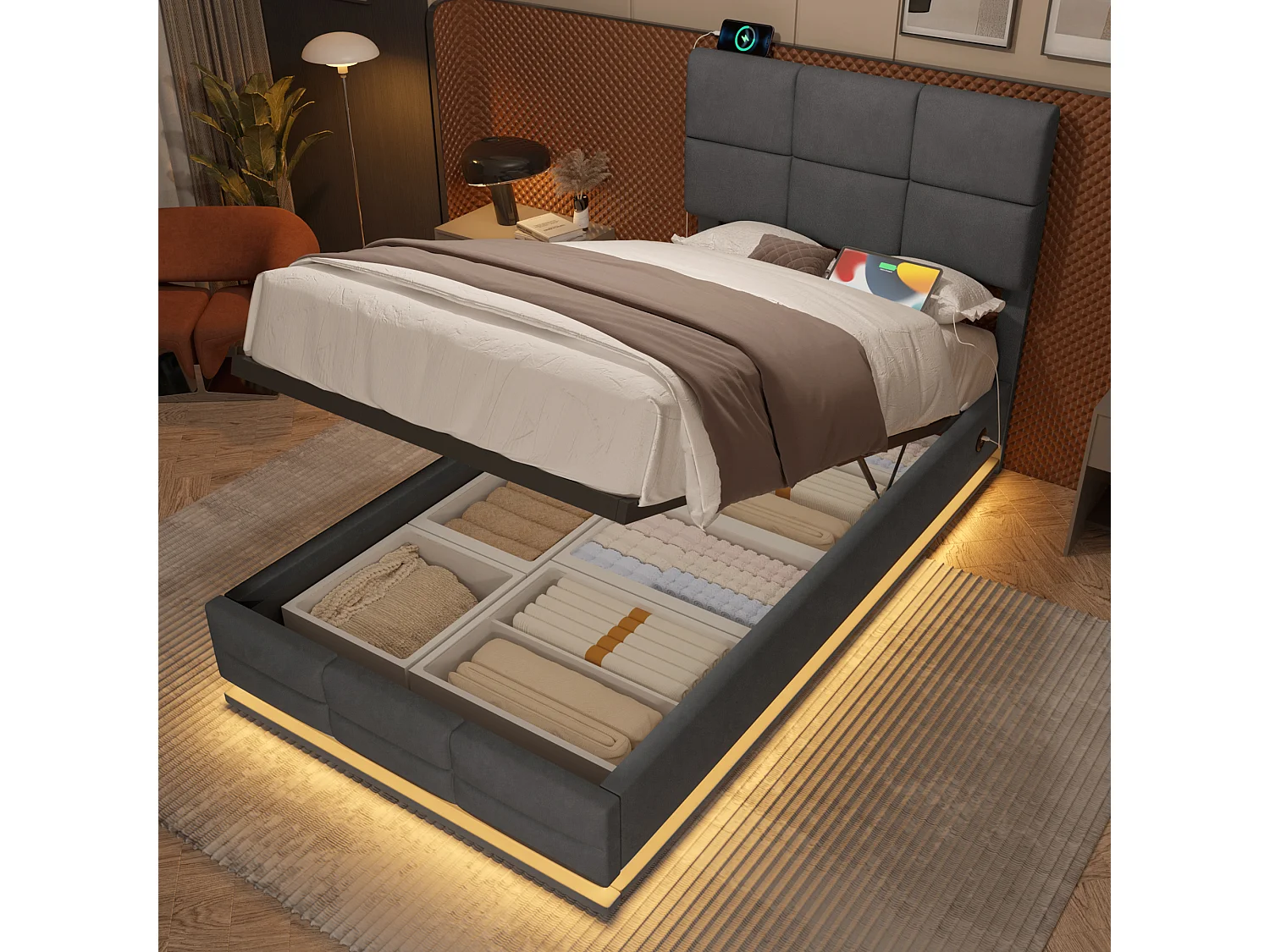 Lit coffre enfant 90x200cm gris en velours, tête de lit réglable en hauteur, avec LED et USB, sans matelas