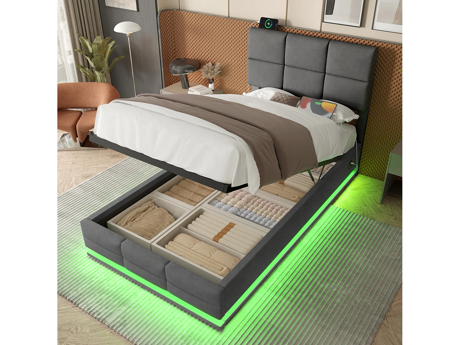 Lit coffre enfant 90x200cm gris en velours, tête de lit réglable en hauteur, avec LED et USB, sans matelas