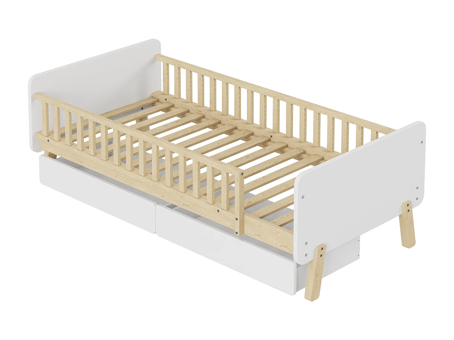 Lit enfant 90x190cm, cadre en bois avec 2 tiroirs, sommier à lattes, blanc, sans matelas