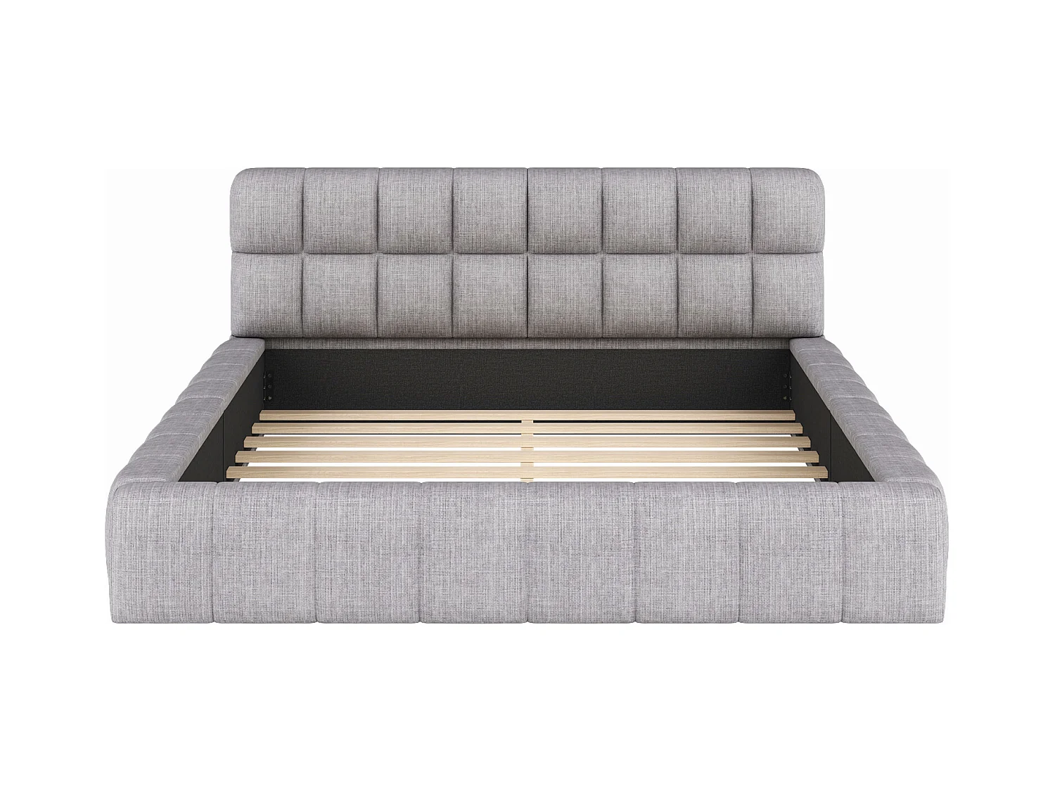 Cama de adulto 140x200 cm em linho cinza, cama estofada, estrado de ripas, sem colchão