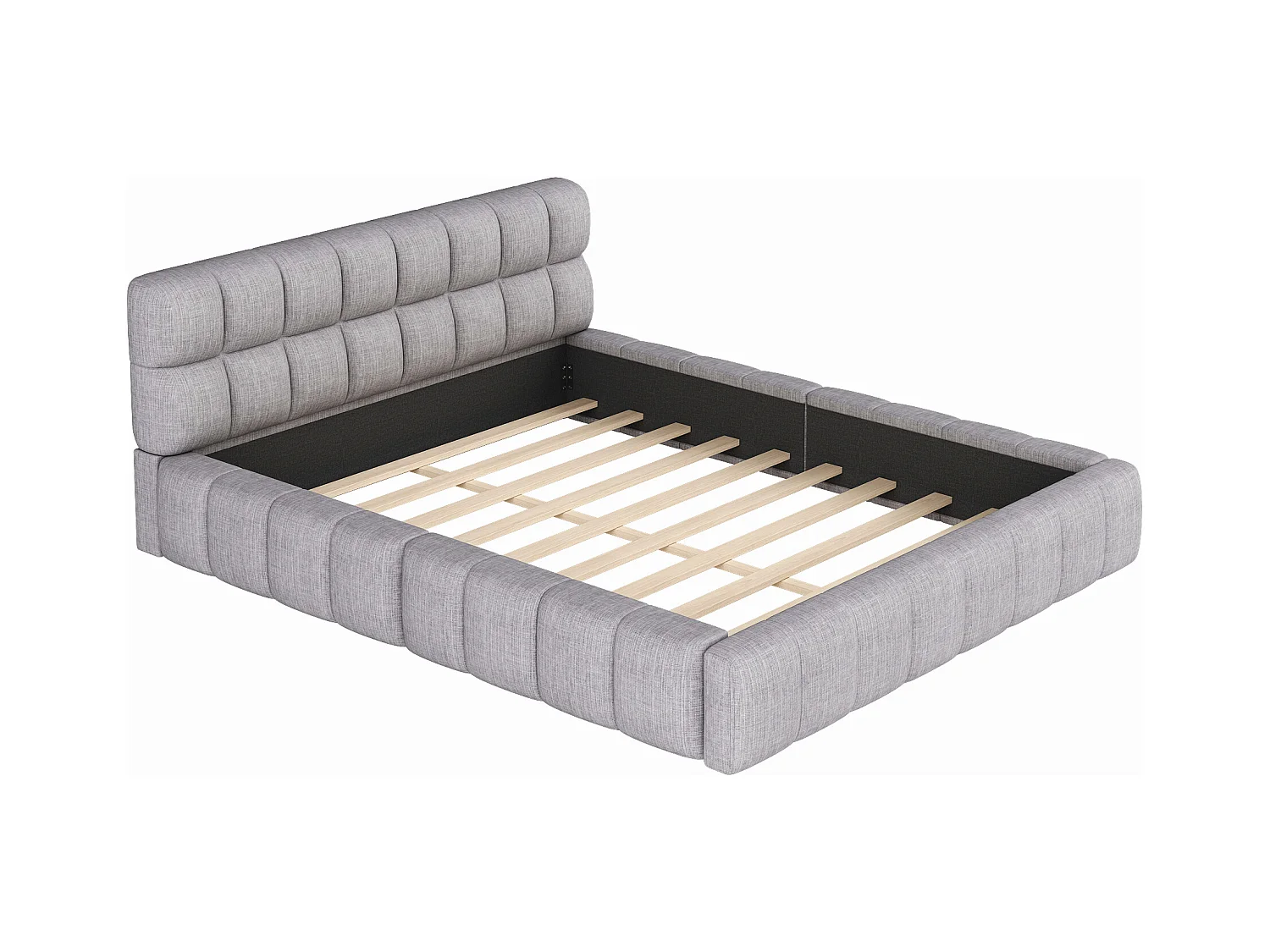 Cama de adulto 140x200 cm em linho cinza, cama estofada, estrado de ripas, sem colchão