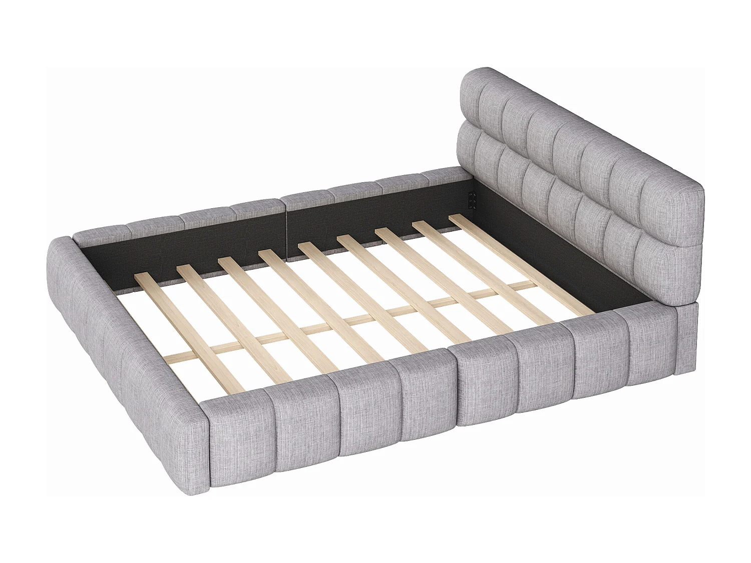 Cama de adulto 140x200 cm em linho cinza, cama estofada, estrado de ripas, sem colchão