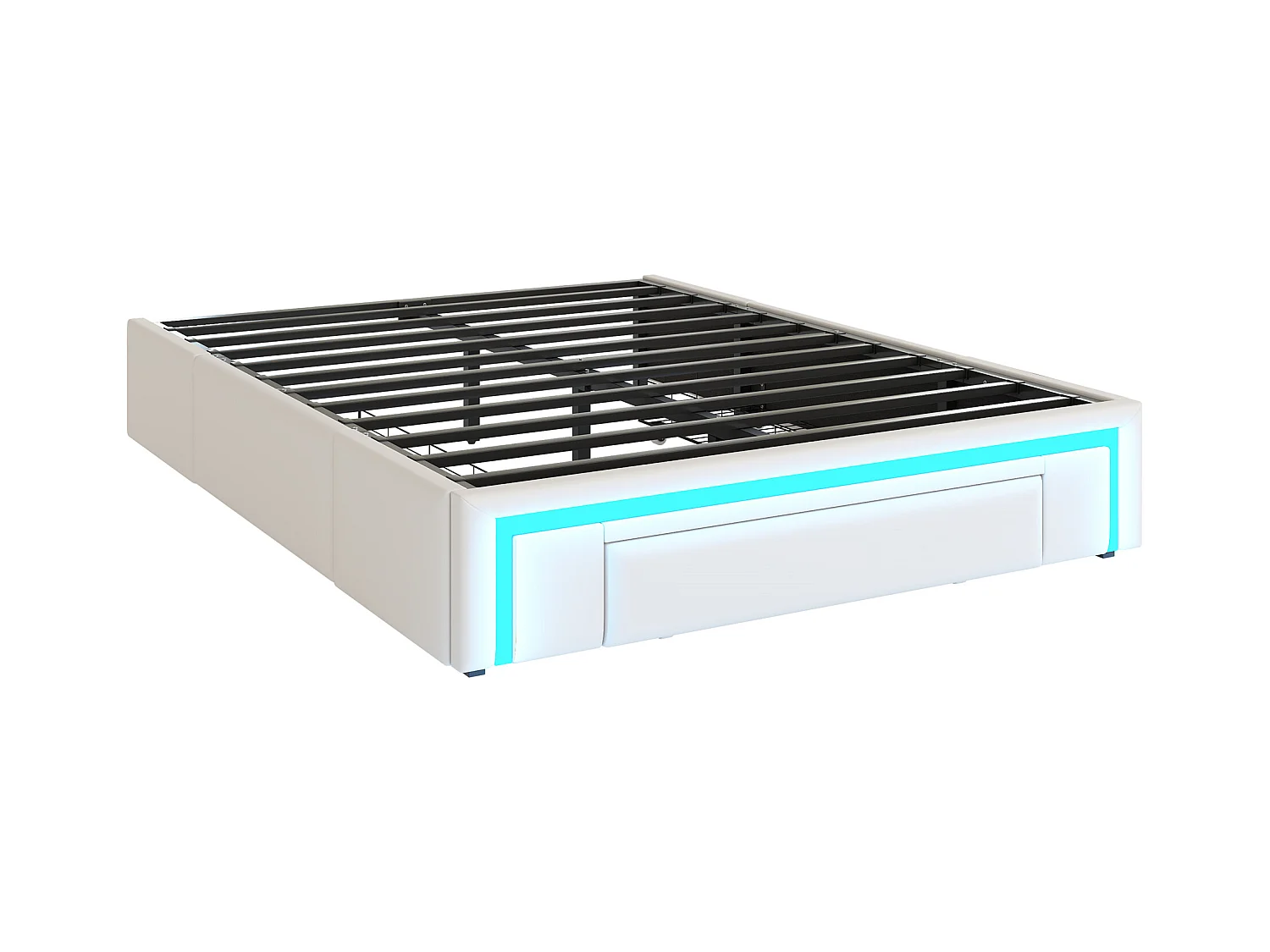 Cama infantil 140x200 cm bege em PU com 3 gavetas e luz LED, sem cabeceira, estrado incluído, sem colchão