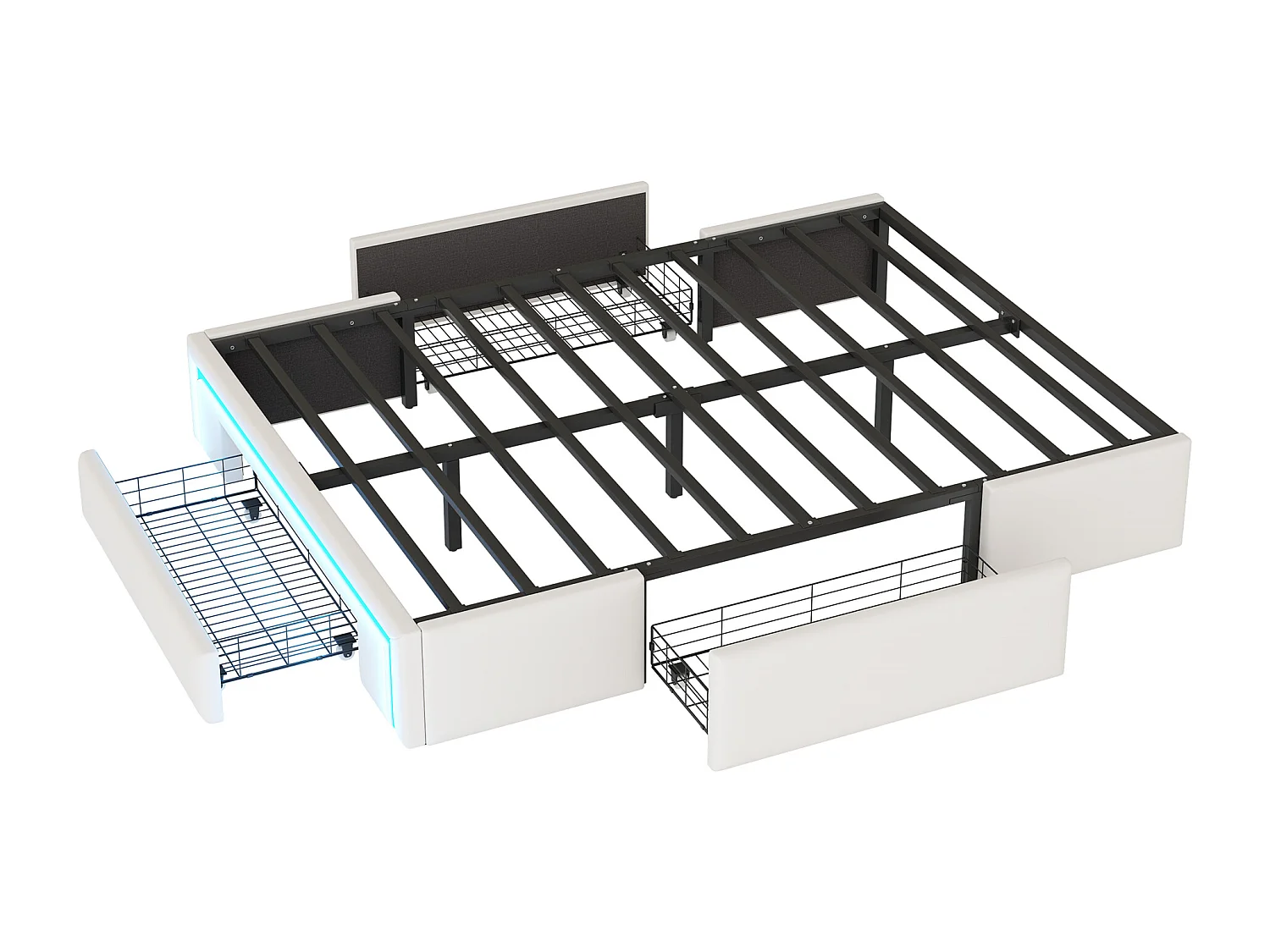 Cama infantil 140x200 cm bege em PU com 3 gavetas e luz LED, sem cabeceira, estrado incluído, sem colchão