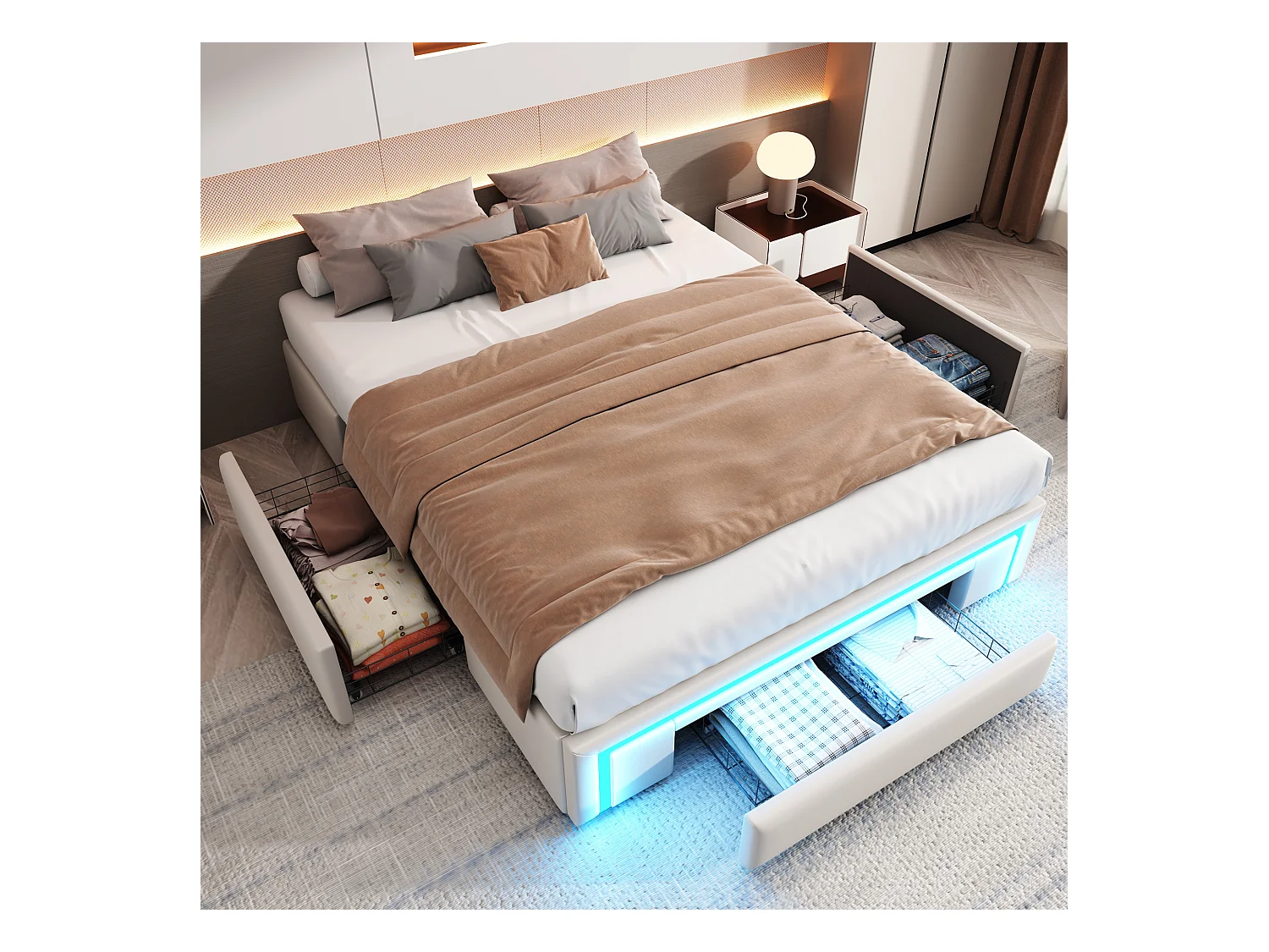Lit enfant 140x200cm beige en PU avec 3 tiroirs et LED, sans tête de lit, sommier inclus, sans matelas