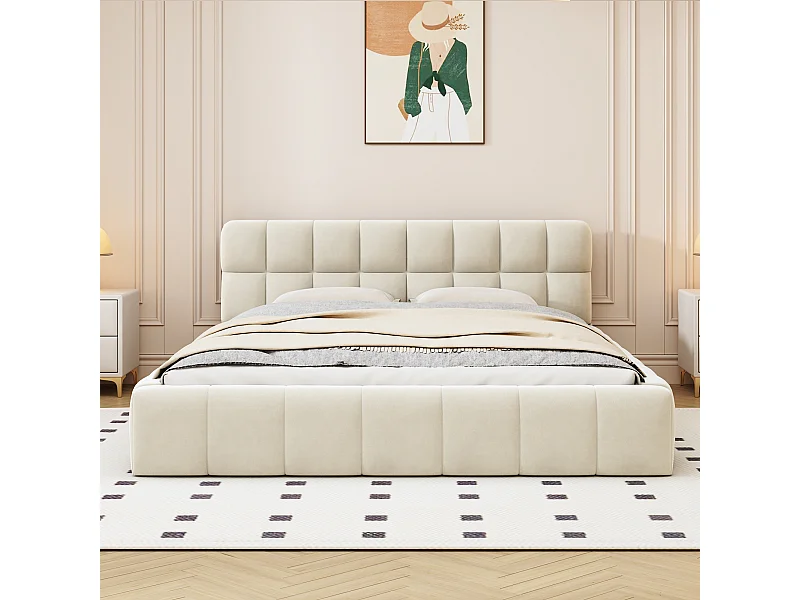 Volwassenenbed 140x190 cm beige linnen, gestoffeerd bed, lattenbodem, zonder matras