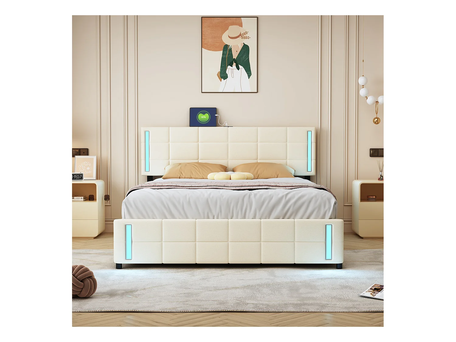 Lit adulte 160x200cm blanc en PU avec 4 tiroirs, LED et USB, cadre en métal, sans matelas