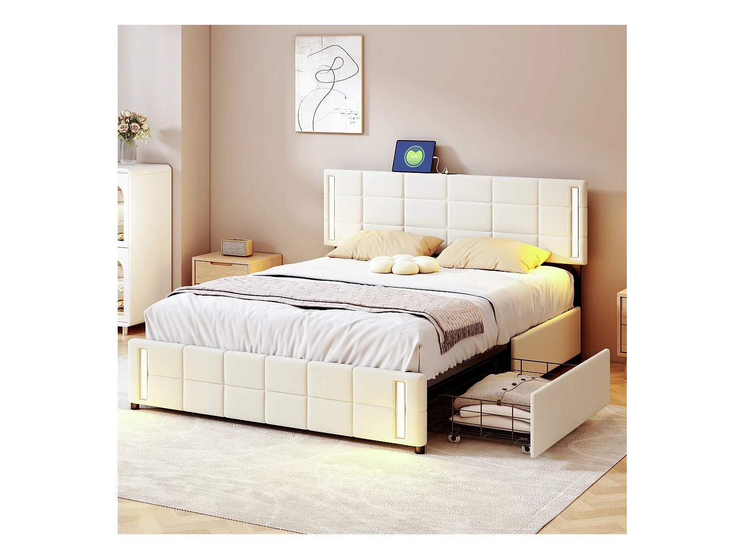 Lit adulte 160x200cm blanc en PU avec 4 tiroirs, LED et USB, cadre en métal, sans matelas