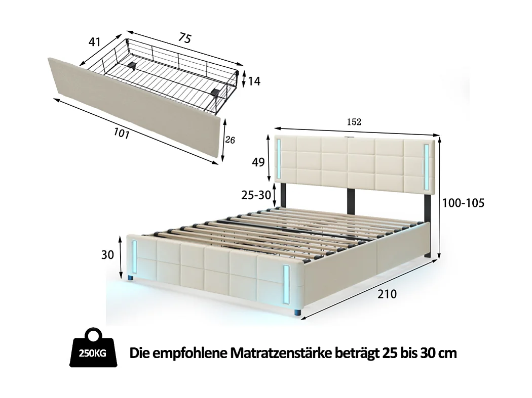 Lit adulte 160x200cm blanc en PU avec 4 tiroirs, LED et USB, cadre en métal, sans matelas