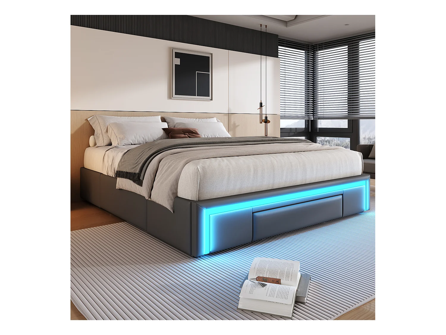 Lit enfant 160x200cm gris en PU avec 3 tiroirs et LED, sans tête de lit, sommier inclus, sans matelas
