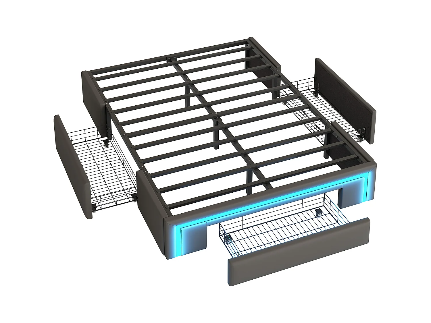 Lit enfant 160x200cm gris en PU avec 3 tiroirs et LED, sans tête de lit, sommier inclus, sans matelas