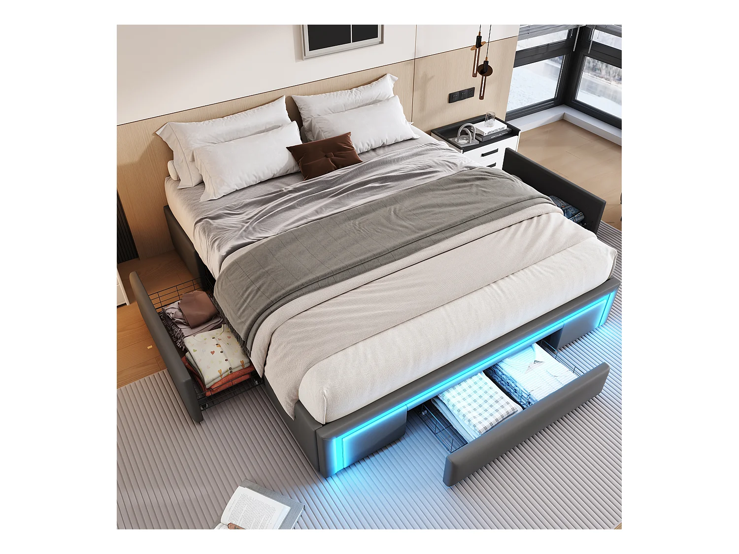 Lit enfant 160x200cm gris en PU avec 3 tiroirs et LED, sans tête de lit, sommier inclus, sans matelas
