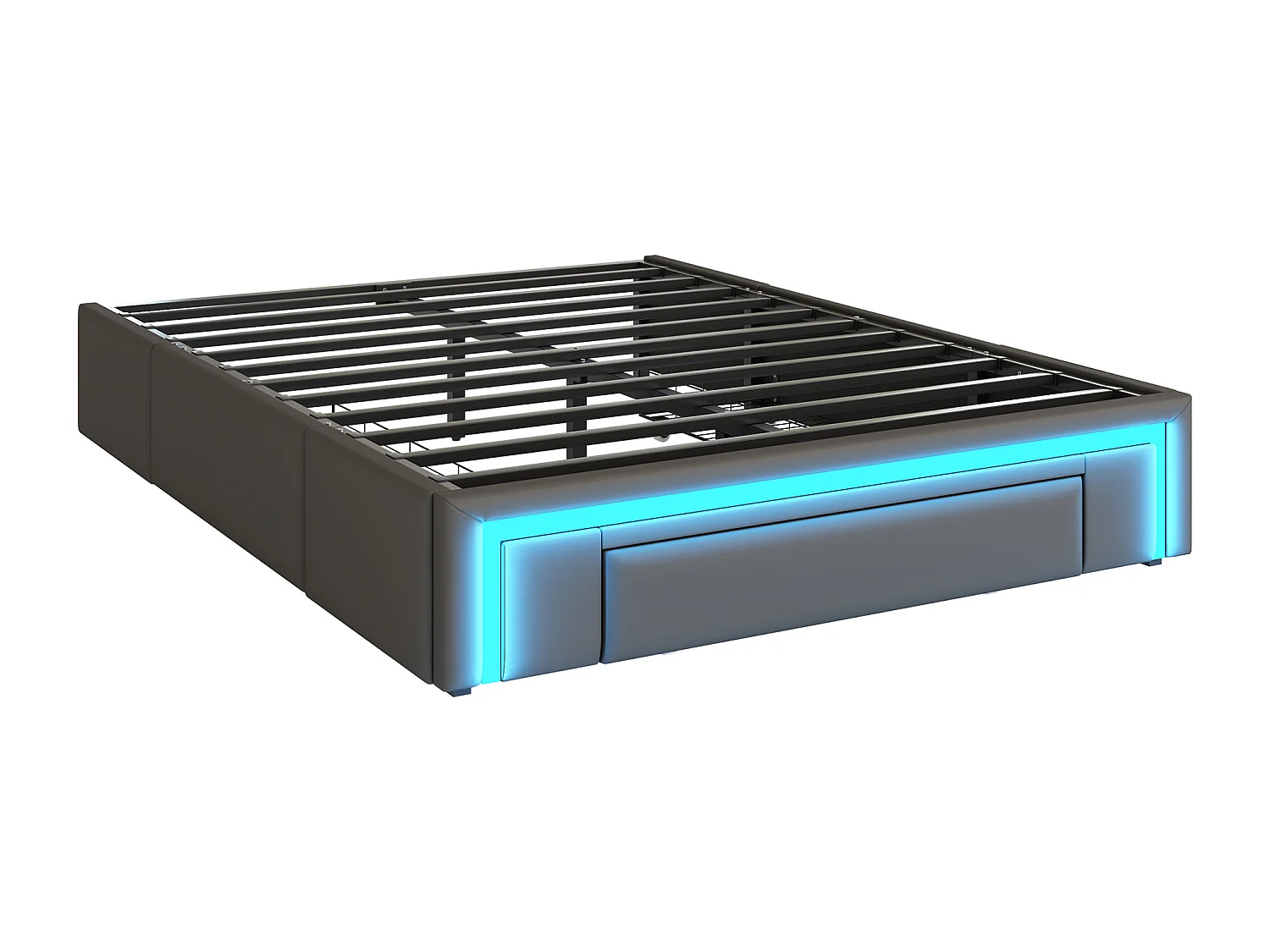 Lit enfant 160x200cm gris en PU avec 3 tiroirs et LED, sans tête de lit, sommier inclus, sans matelas