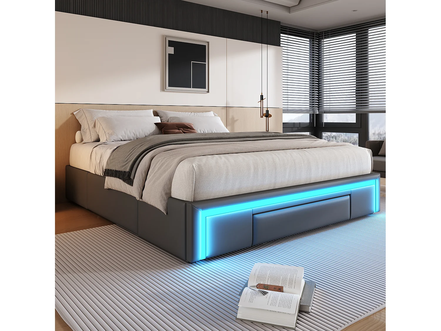 Lit enfant 160x200cm gris en PU avec 3 tiroirs et LED, sans tête de lit, sommier inclus, sans matelas