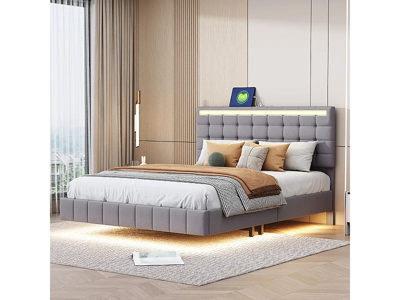 Lit adulte/enfant 140x200cm gris en lin, designe flottant avec LED et USB, Sommier à lattes, sans matelas