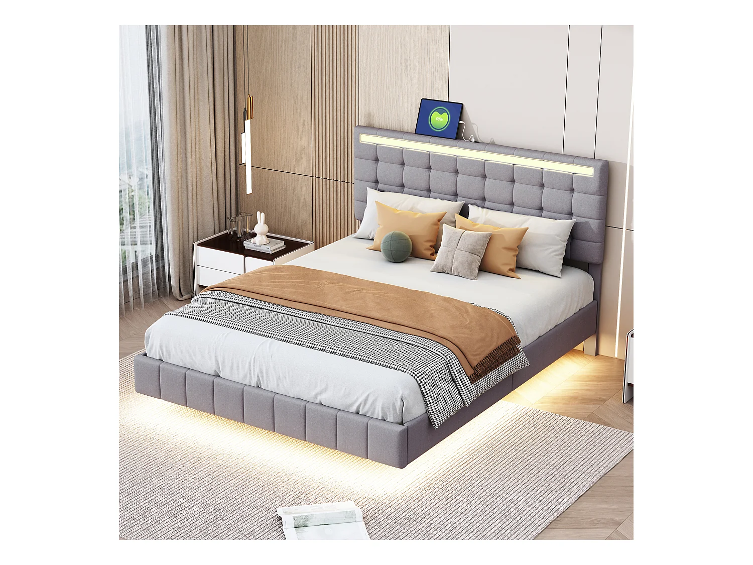 Lit adulte/enfant 140x200cm gris en lin, designe flottant avec LED et USB, Sommier à lattes, sans matelas