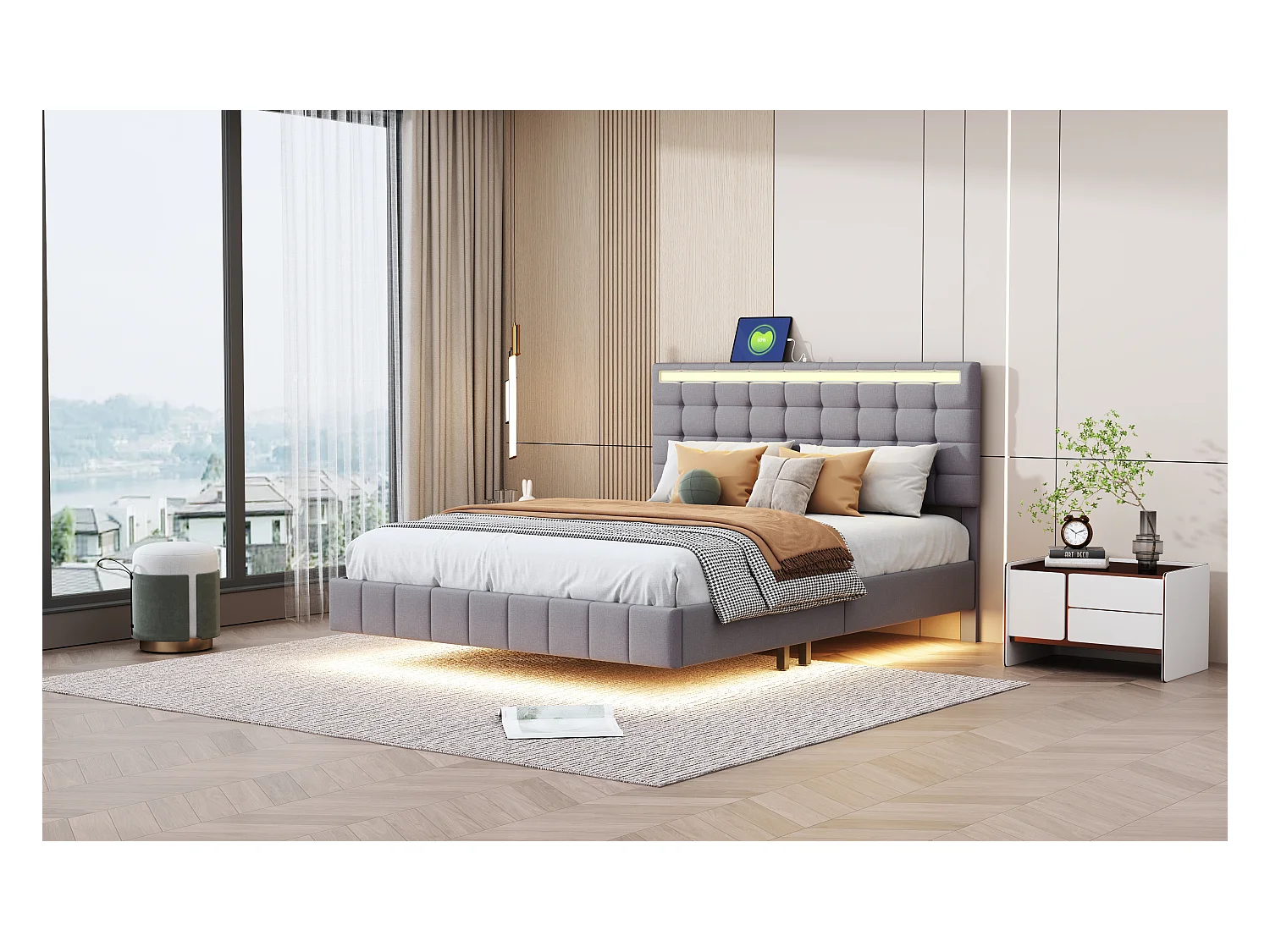 Lit adulte/enfant 140x200cm gris en lin, designe flottant avec LED et USB, Sommier à lattes, sans matelas