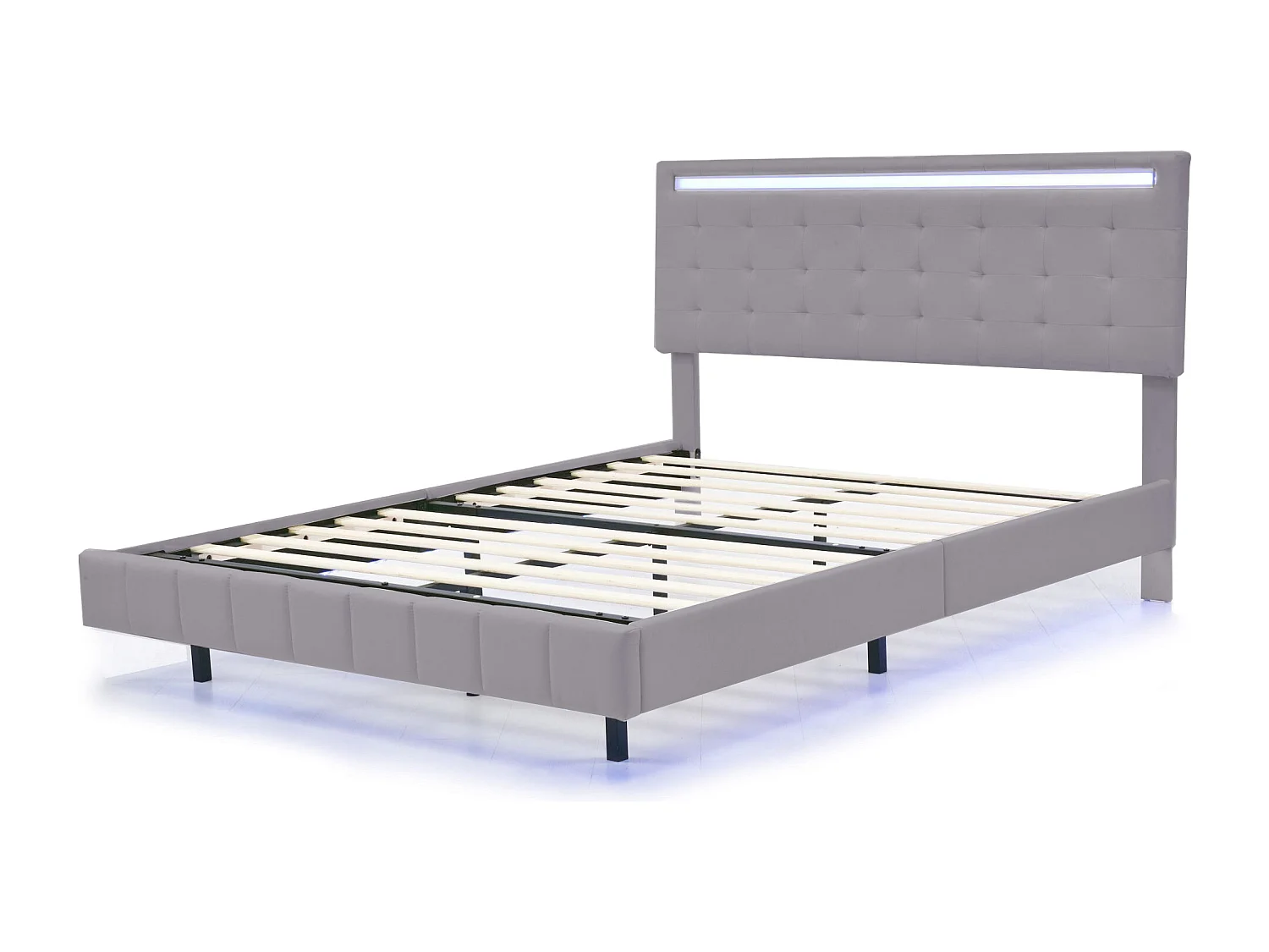 Lit adulte/enfant 140x200cm gris en lin, designe flottant avec LED et USB, Sommier à lattes, sans matelas