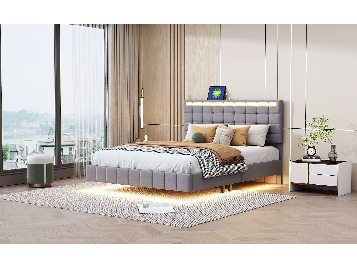 Lit adulte/enfant 140x200cm gris en lin, designe flottant avec LED et USB, Sommier à lattes, sans matelas