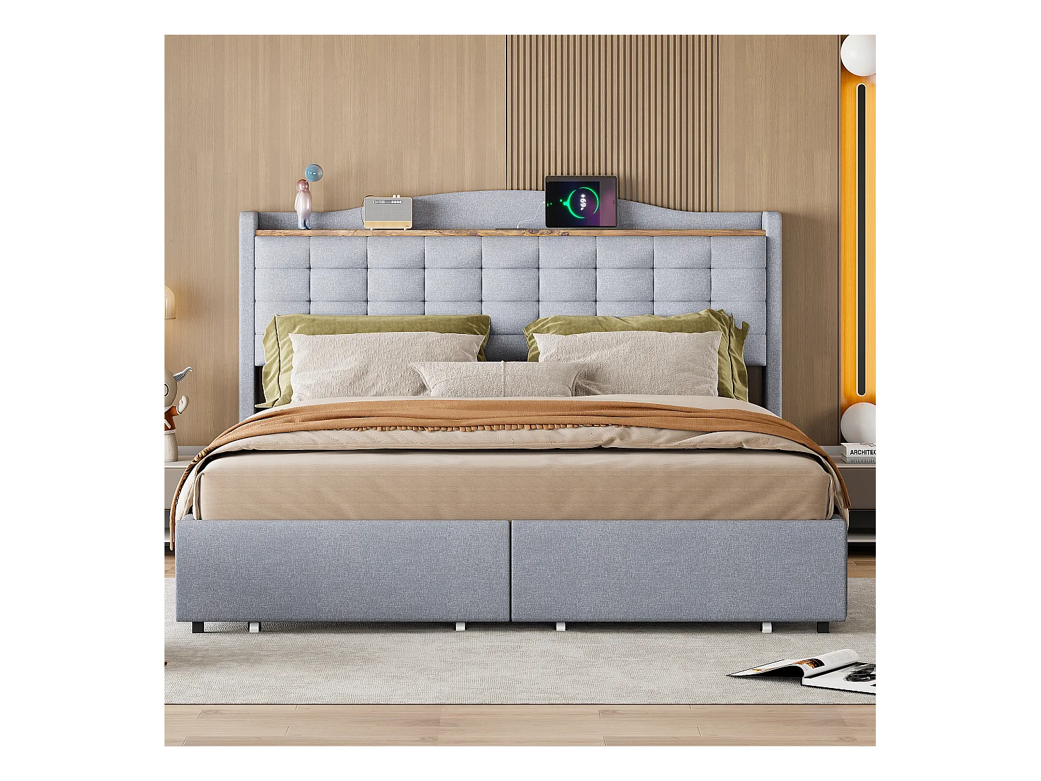 Lit adulte 160x200cm gris clair en lin avec 4 tiroirs et USB, Sommier à lattes, sans matelas
