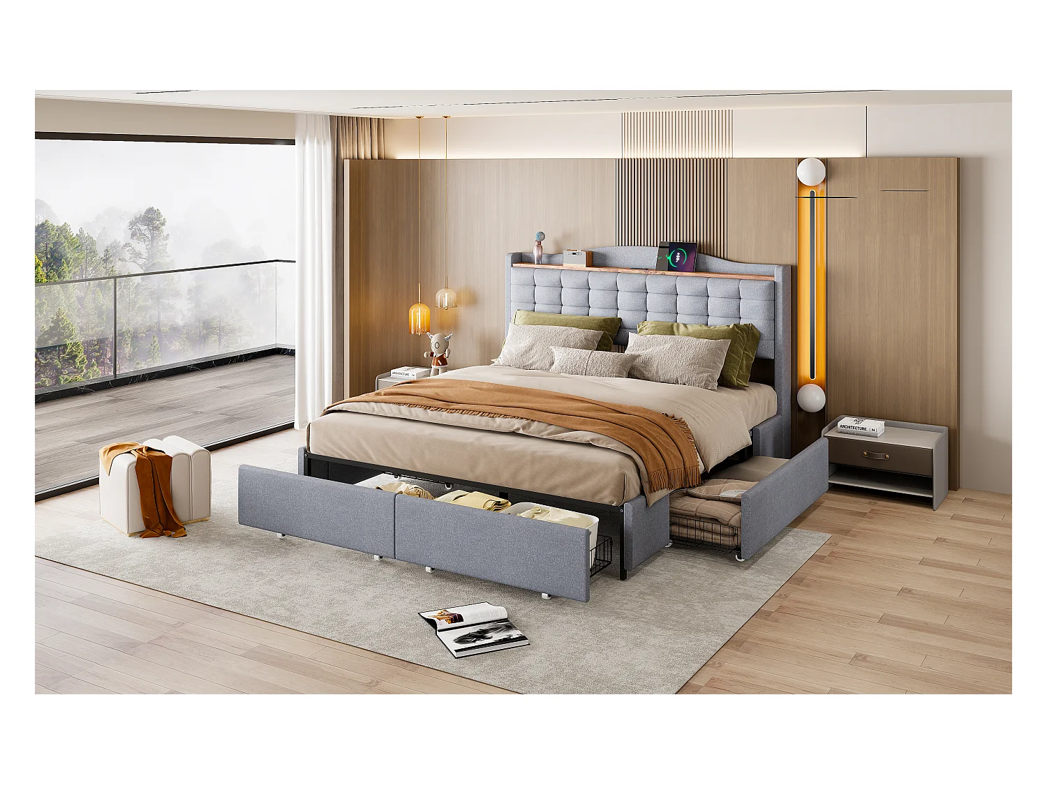 Lit adulte 160x200cm gris clair en lin avec 4 tiroirs et USB, Sommier à lattes, sans matelas