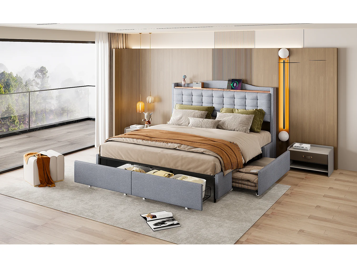 Lit adulte 160x200cm gris clair en lin avec 4 tiroirs et USB, Sommier à lattes, sans matelas