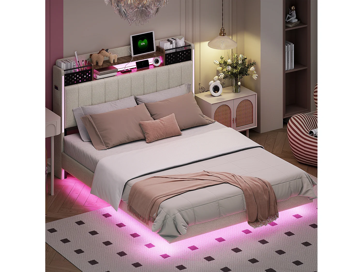 Lit adulte 140x200cm beige en lin avec tête de lit de rangement, LED et USB, designe flottant, sans matelas