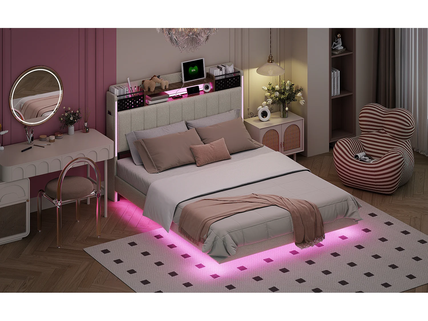 Lit adulte 140x200cm beige en lin avec tête de lit de rangement, LED et USB, designe flottant, sans matelas