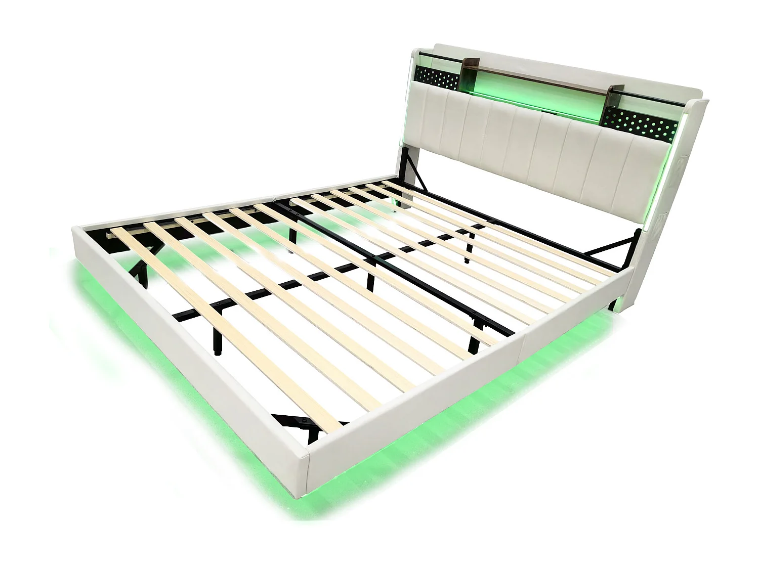 Lit adulte 140x200cm beige en lin avec tête de lit de rangement, LED et USB, designe flottant, sans matelas