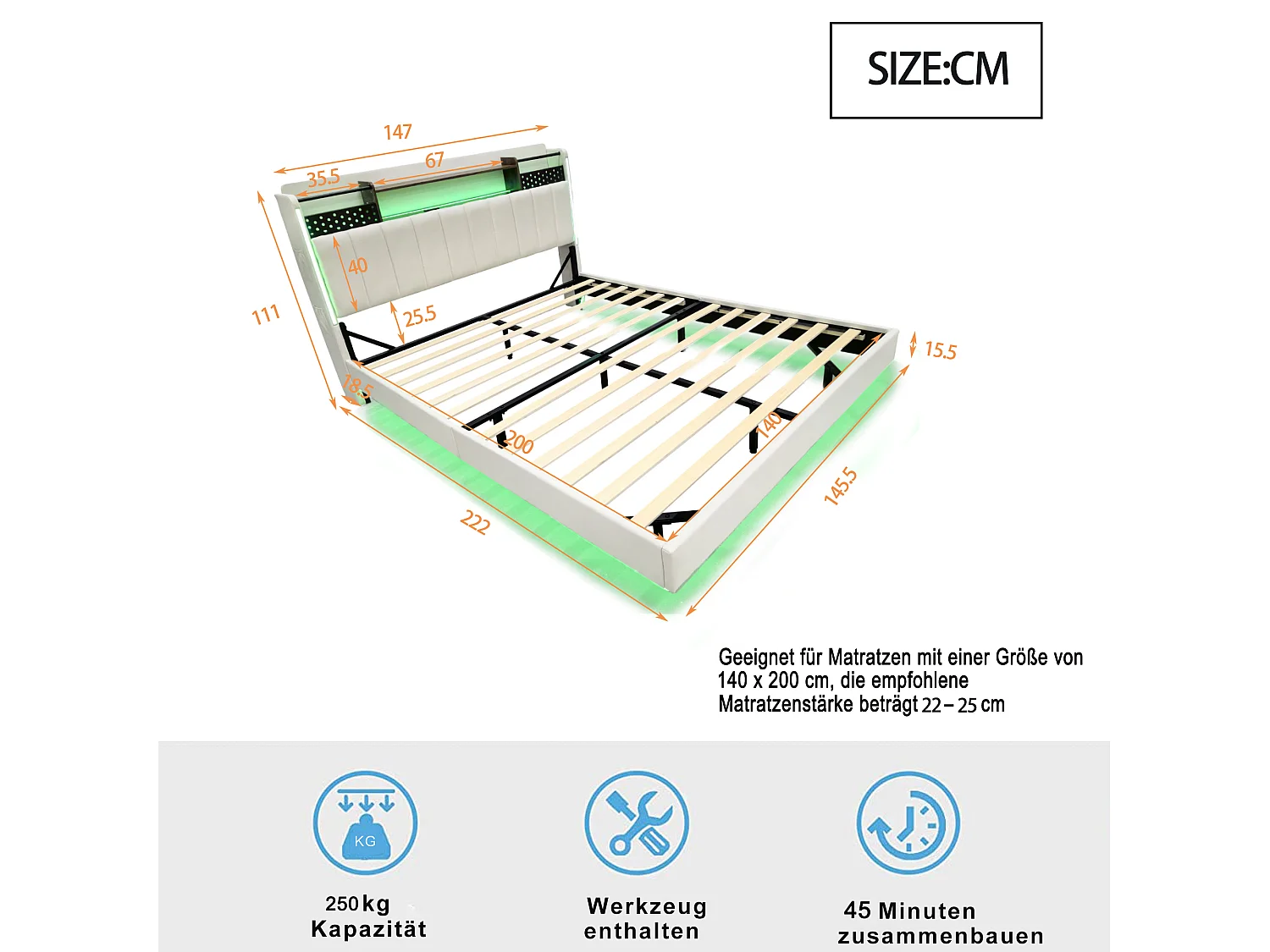 Lit adulte 140x200cm beige en lin avec tête de lit de rangement, LED et USB, designe flottant, sans matelas