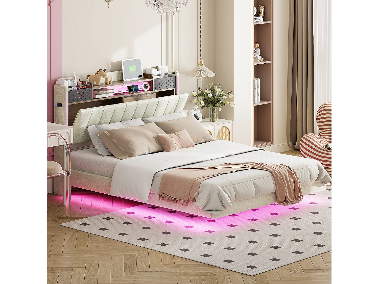 Lit adulte 140x200cm beige en lin avec tête de lit de rangement, LED et USB, designe flottant, sans matelas