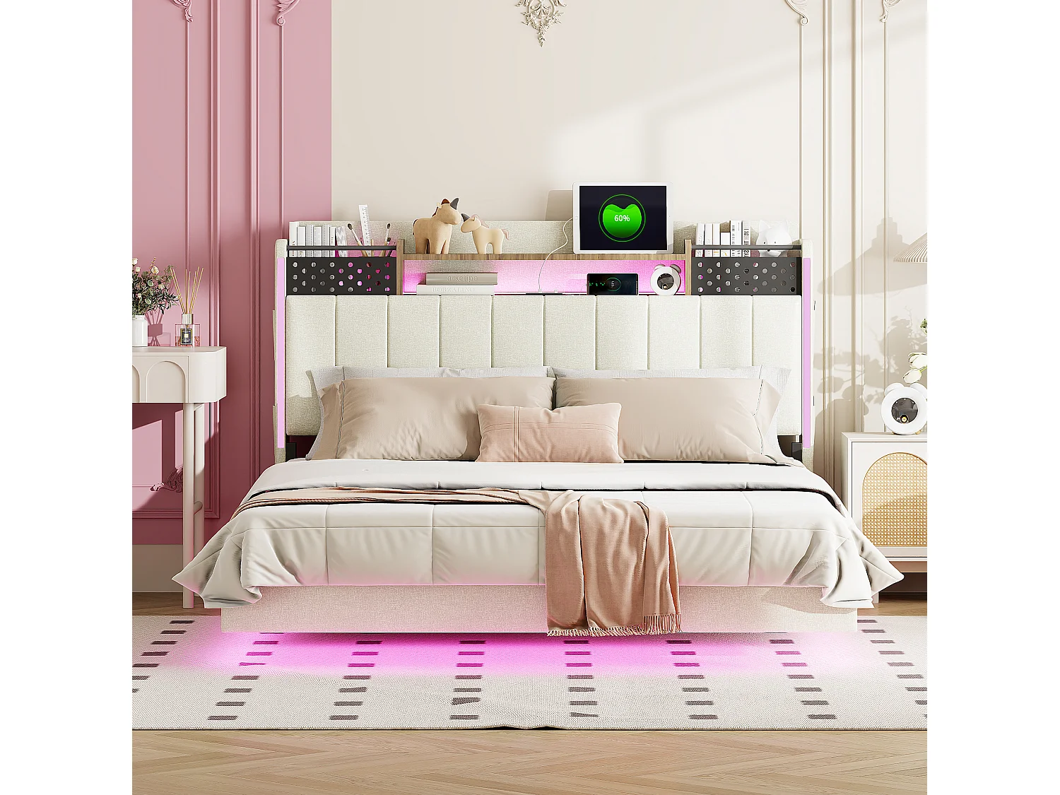 Lit adulte 140x200cm beige en lin avec tête de lit de rangement, LED et USB, designe flottant, sans matelas