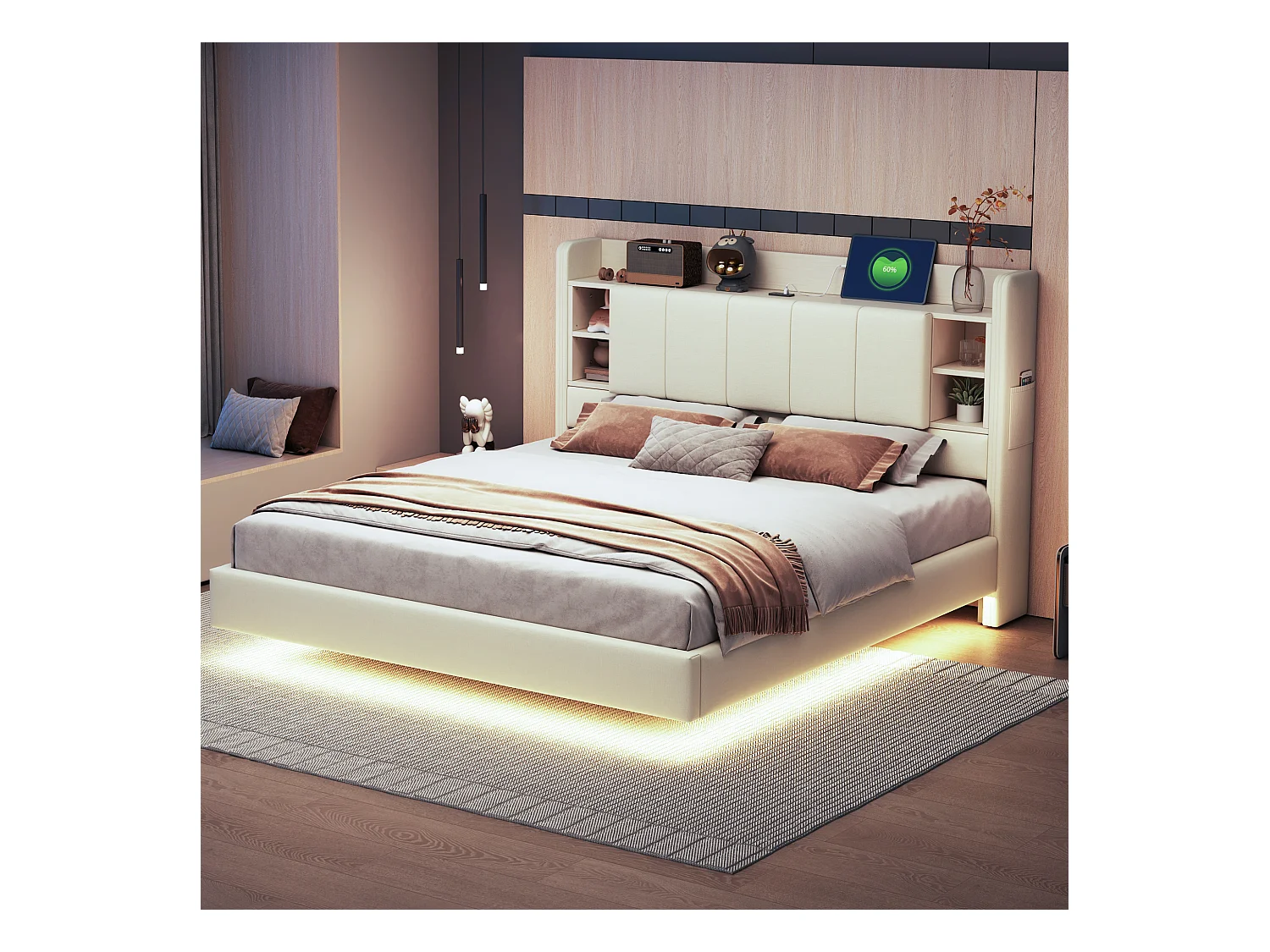 Lit adulte 160x200cm beige en lin, designe flottant avec LED et USB, tête de lit de rangement, sans matelas