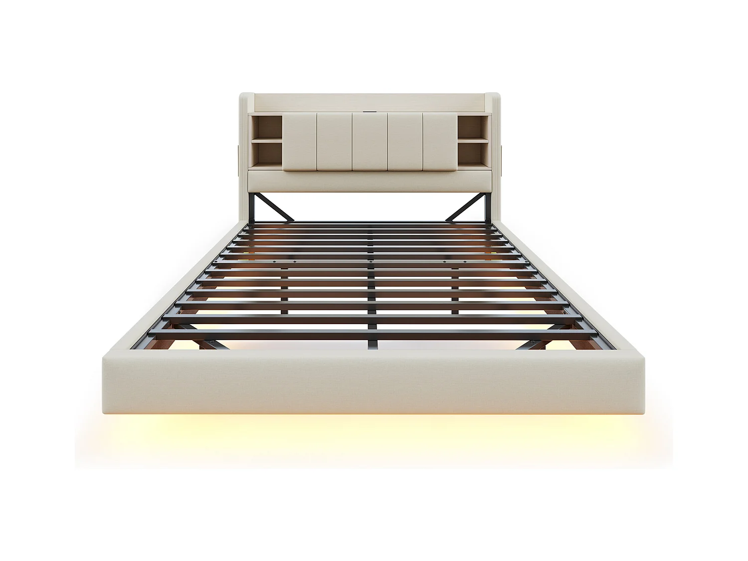 Lit adulte 160x200cm beige en lin, designe flottant avec LED et USB, tête de lit de rangement, sans matelas