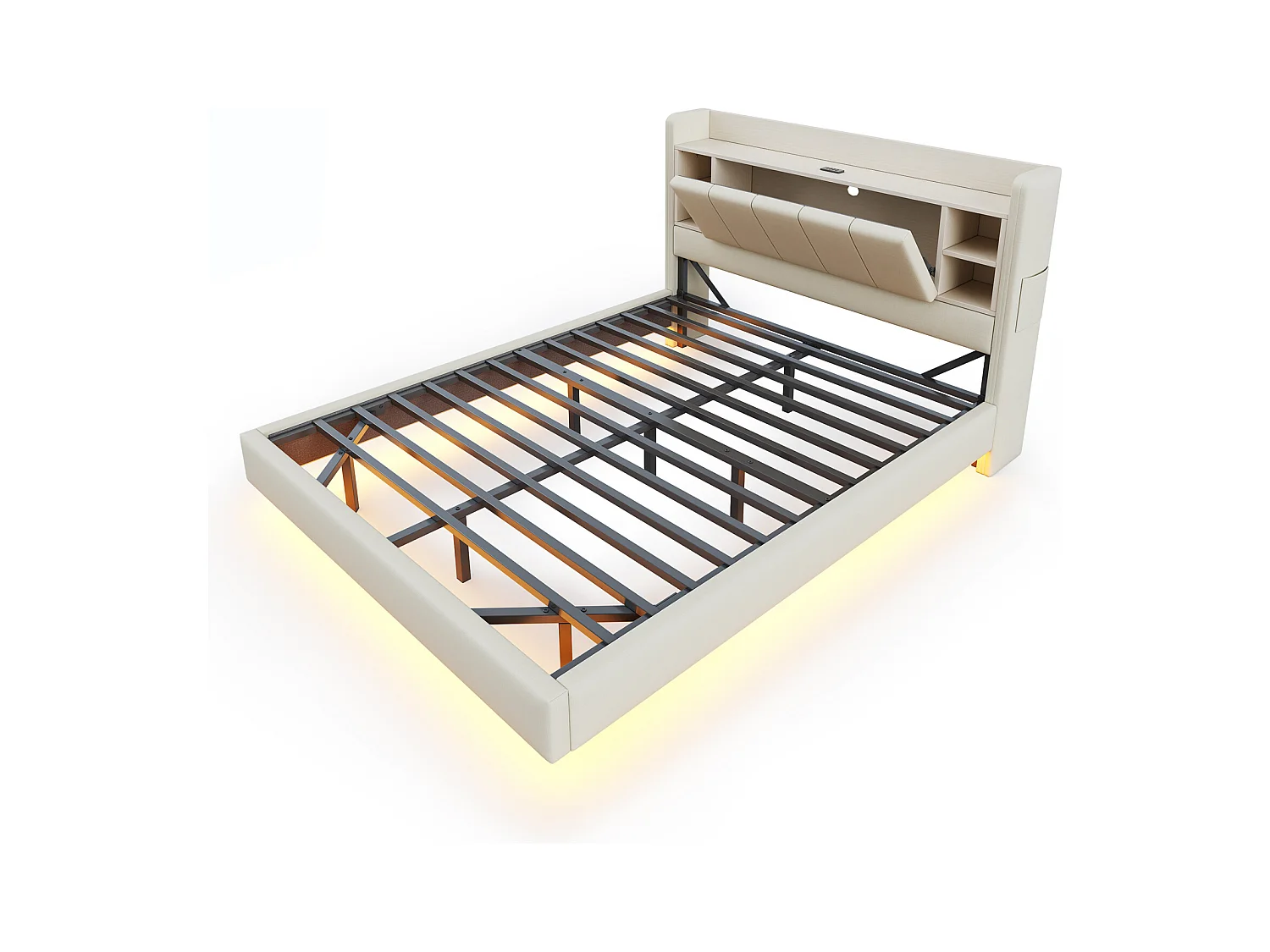 Lit adulte 160x200cm beige en lin, designe flottant avec LED et USB, tête de lit de rangement, sans matelas